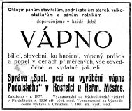 Reklama na vápno z almanachu k Hospodářské výstavě v Heřmanově Městci (1911)
