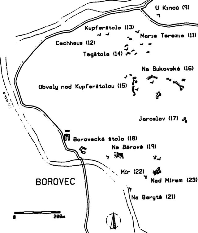 obr.6 - Situace historických důlních děl v Borovci a okolí (upraveno podle A. Poláka a R. Štancla)