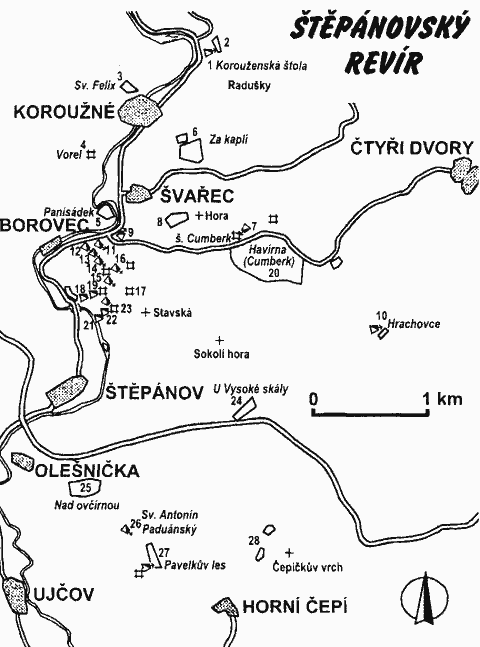 obr.1 - Celková topografická situace pozůstatků po historickém dolování Ag-Pb-Cu rud ve stěpánovském revíru.